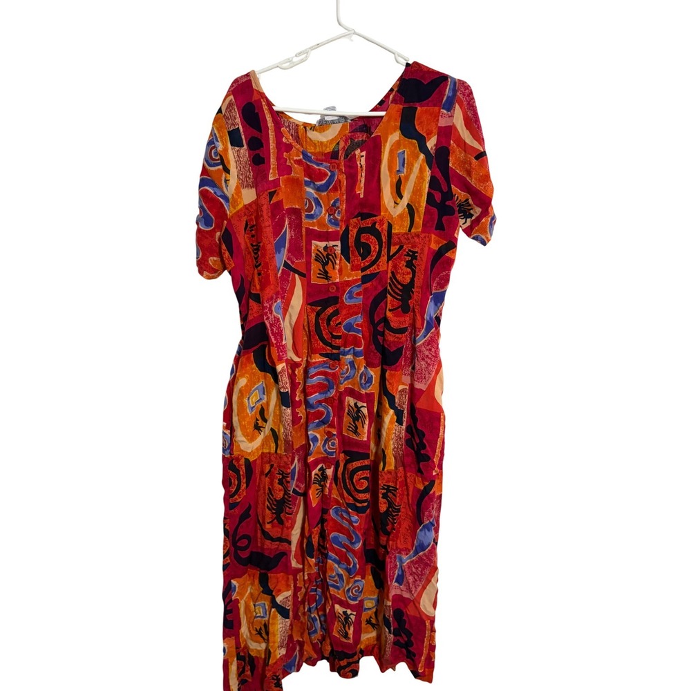 New Aura Midi Dress Vintage 90s Abstract Geometric Red Orange Rayon Medium